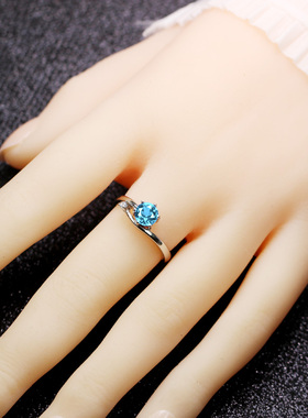 圆海蓝宝戒指冷淡高级托帕石纯银