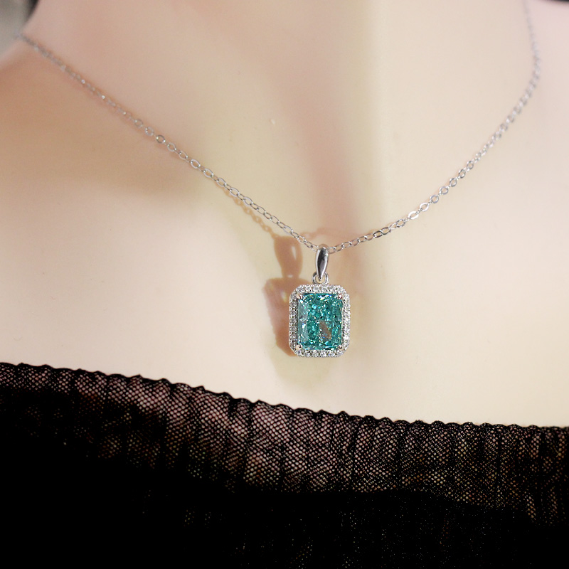 冰花切帕拉伊巴项链女长方形蓝绿碧玺镶嵌吊坠竖款锁骨链带钻纯银