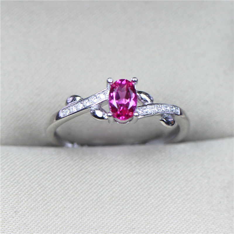 女士蛋形红碧玺戒指925纯银小水滴甜美韩版ins玫红色小粒宝石活口