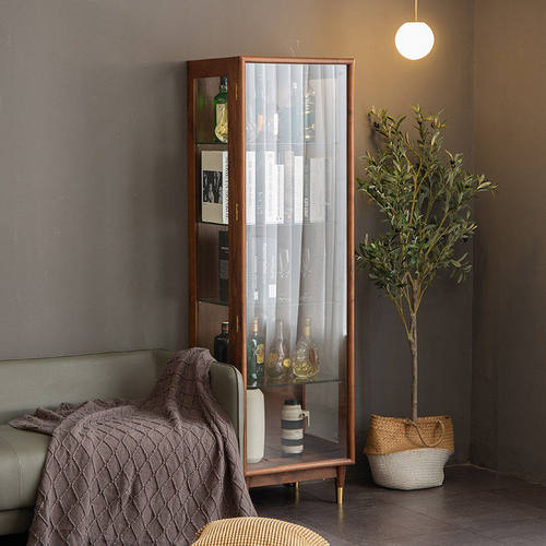 现代黑胡桃木书柜 日式实木展示柜 新中式玻璃收纳柜 客制化电视