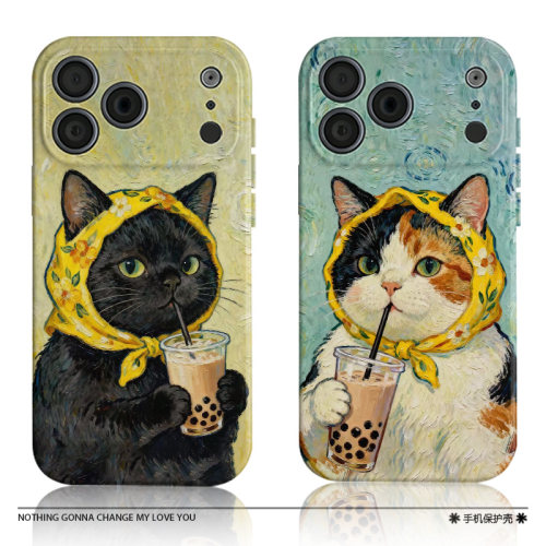 适用于iPhone17Promax情侣珍珠奶茶猫苹果16promax手机壳14Pro可爱复古13卡通12软壳11可爱15plus小众苹果Air