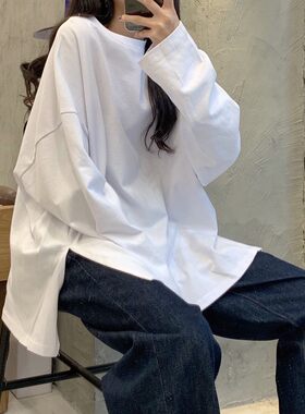 开叉纯色长袖T恤女时尚打底衫