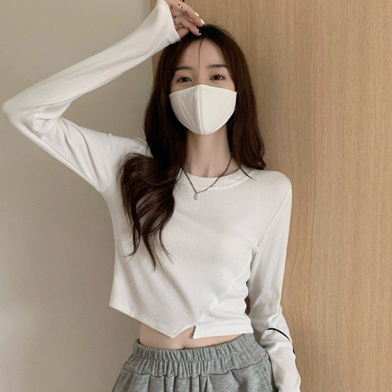 辣妹黑色长袖t恤女春秋百搭内搭紧身高腰短款露脐打底衫上衣ins潮