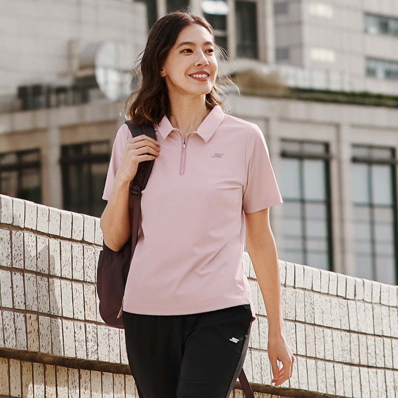 Skechers斯凯奇女士夏季百搭纯色简约宽松短袖立领POLO衫P325W097