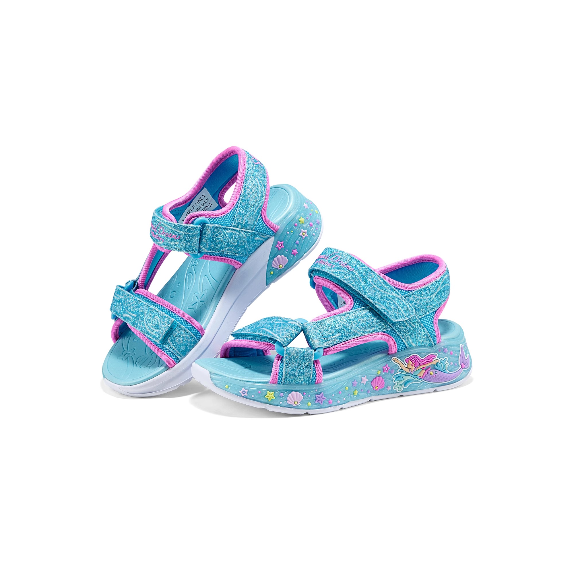 Skechers斯凯奇夏季女孩童趣露趾美人鱼细闪休闲闪灯凉鞋303108L