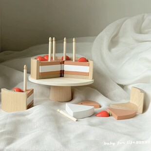ins原木草莓橙丝绒蛋糕玩具 饰 多层拼搭生日礼物木质夹心儿童房装