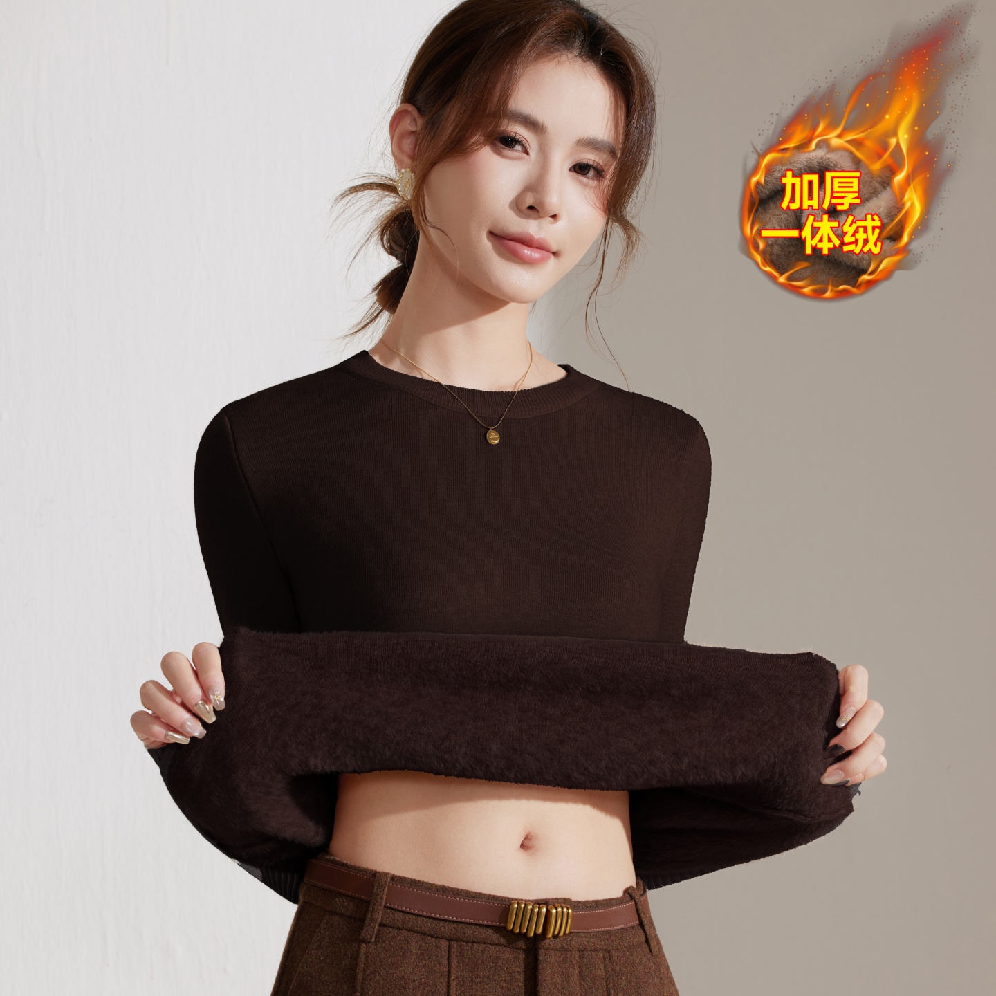 圆领加绒加厚羊绒衫女秋冬保暖一体绒羊毛衫修身内搭针织打底衫