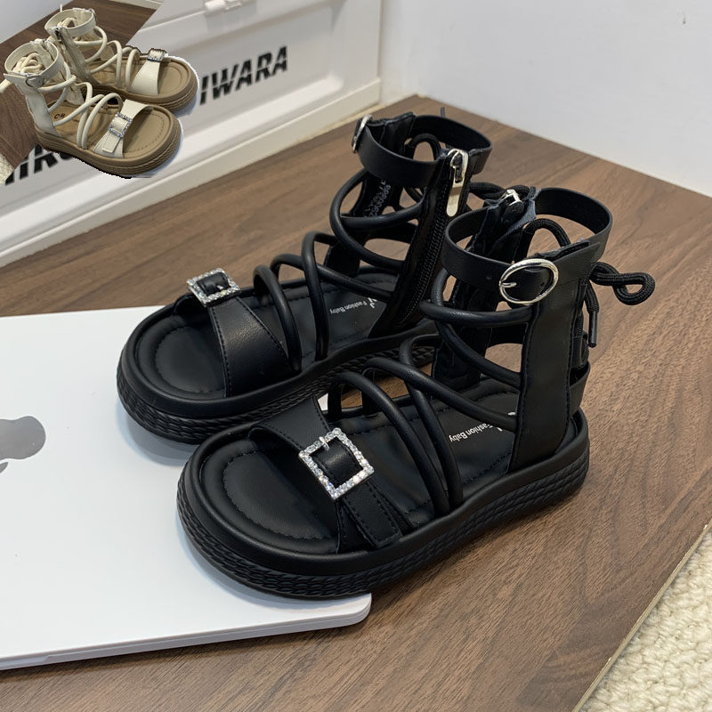 厚底露趾罗马交叉带绑带复古高帮后拉链大女童凉鞋公主风时尚米色