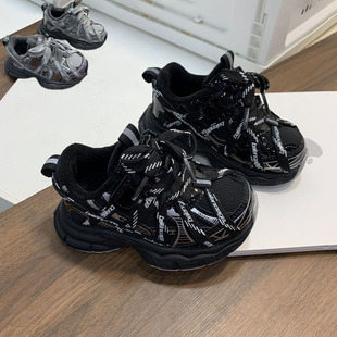 幼童小童稳步老爹绑带洋气潮牌女宝宝男运动加绒二棉鞋 1一2二3岁