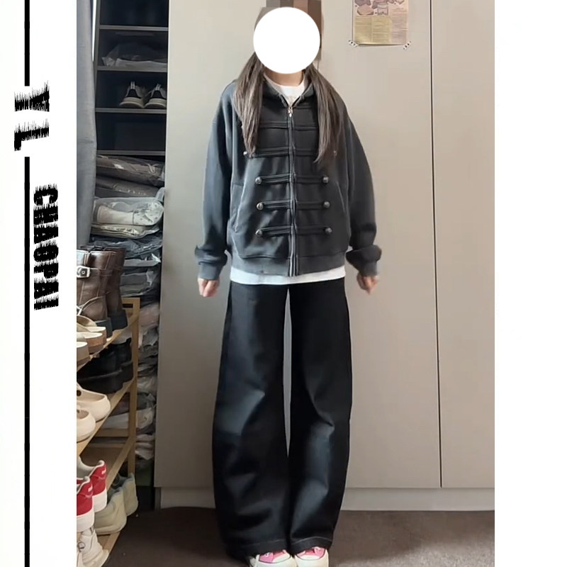 嘻哈风水洗重磅连帽开衫卫衣外套