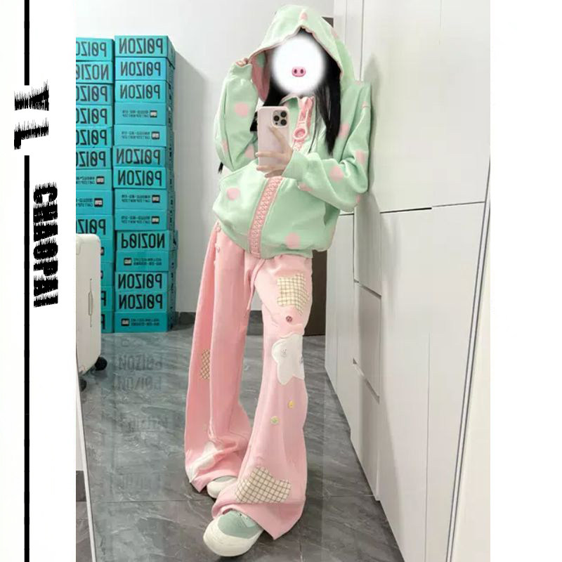 连帽开衫卫衣贴布阔腿裤两件套