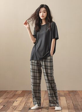 2023年新款夏季睡衣女短袖长裤韩版宽松高级感情侣款家居服两件套
