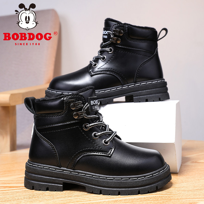 巴布豆正品男童马丁靴冬季新款小女孩二棉鞋加绒皮面儿童短靴鞋子