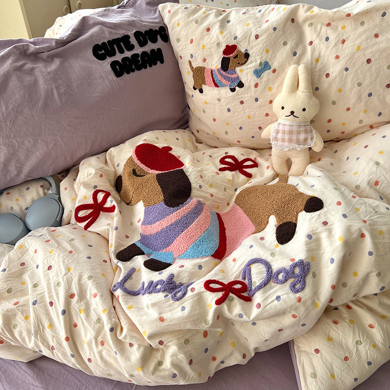 纯棉四件套卡通印花毛巾绣学生宿舍亲肤舒适四季通用床单被套