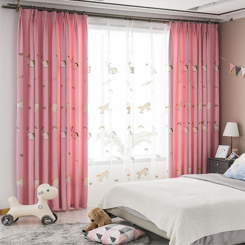 儿童房窗帘 粉色女孩卧室遮光蓝色房间男孩独角兽彩虹绣花隔断帘