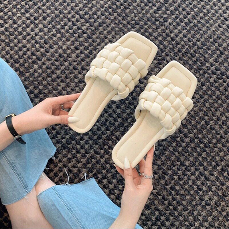 网红平底棉花糖方头编织拖鞋女夏真皮平跟旅游度假一字带凉拖鞋