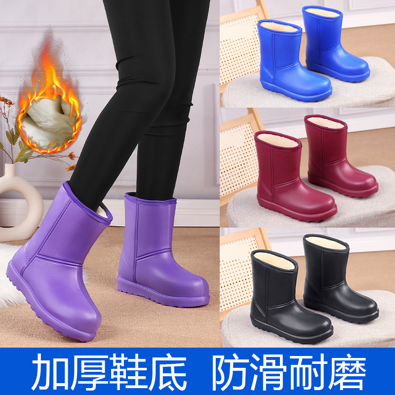 新款加绒雨靴女中筒防水防寒雪地靴保暖棉靴子鞋厨房冬季防滑雨鞋