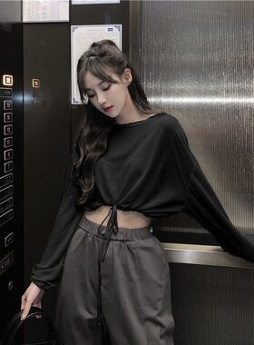 高腰bf运动短装露脐长袖T恤女