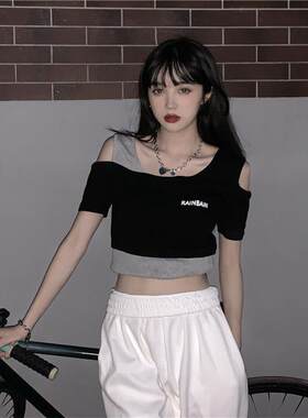 假两件性感露肩短袖T恤女