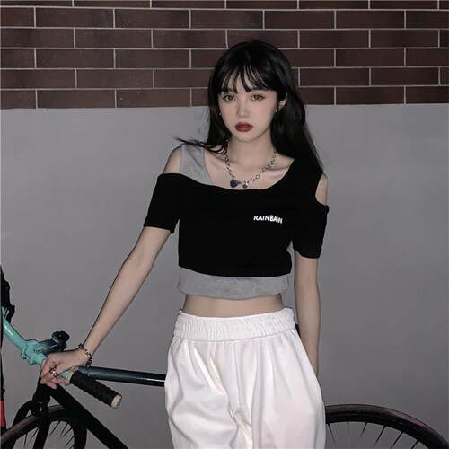 假两件性感露肩短袖T恤女