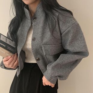 今年流行初高中学生少女短款呢子大衣春秋冬宽松韩版加厚毛呢外套