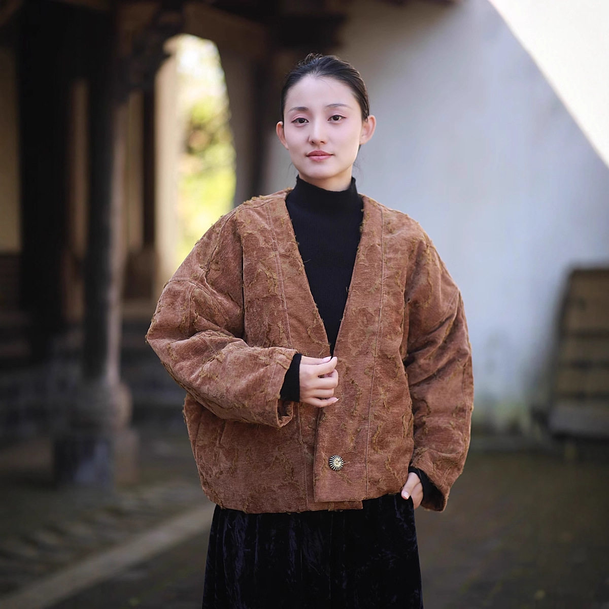 禅意简服冬装棉服新中式棉麻提花一字扣领加厚汉服棉袄保暖外套女