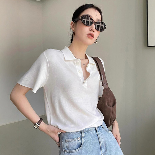 白色polo领短袖针织衫女夏季冰丝