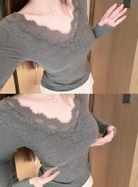 灰色v领蕾丝打底衫女秋冬内搭小个子修身显瘦正肩长袖t恤纯欲上衣