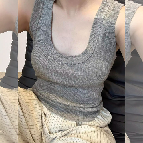 灰色u领针织吊带背心女夏季无袖