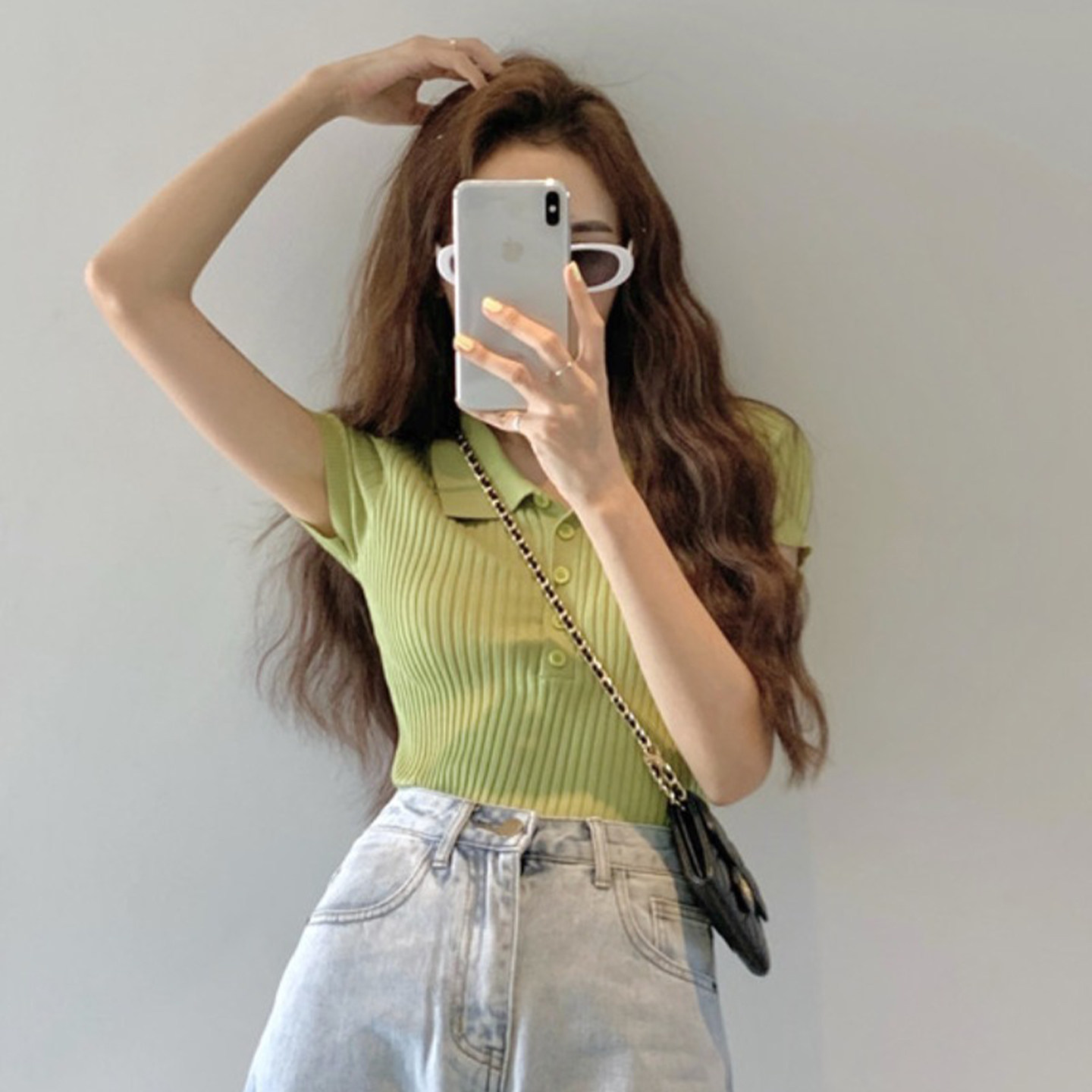 绿色冰丝针织polo衫短袖女夏季