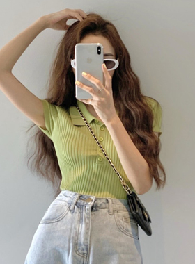 绿色冰丝针织polo衫短袖女夏季小个子修身正肩t恤翻领短款上衣