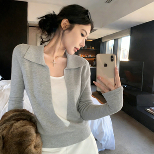 灰色假两件polo领针织衫女春秋小个子修身内搭打底衫长袖翻领上衣