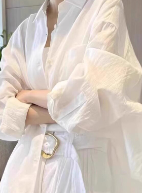 白色棉麻防晒衬衫外套女夏季小个子宽松慵懒风衬衣开衫长袖上衣