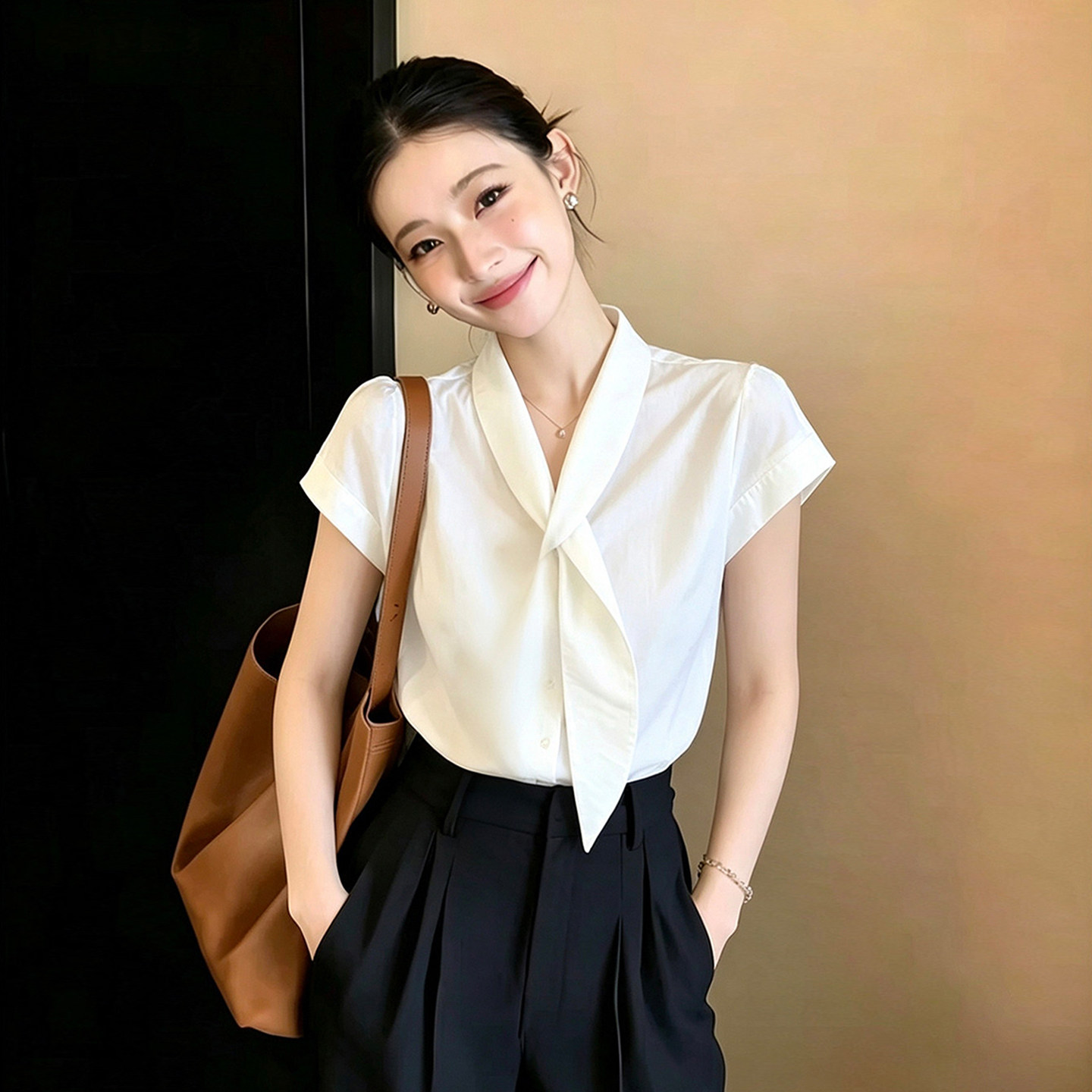 法式白色飘带短袖衬衫女夏季上衣