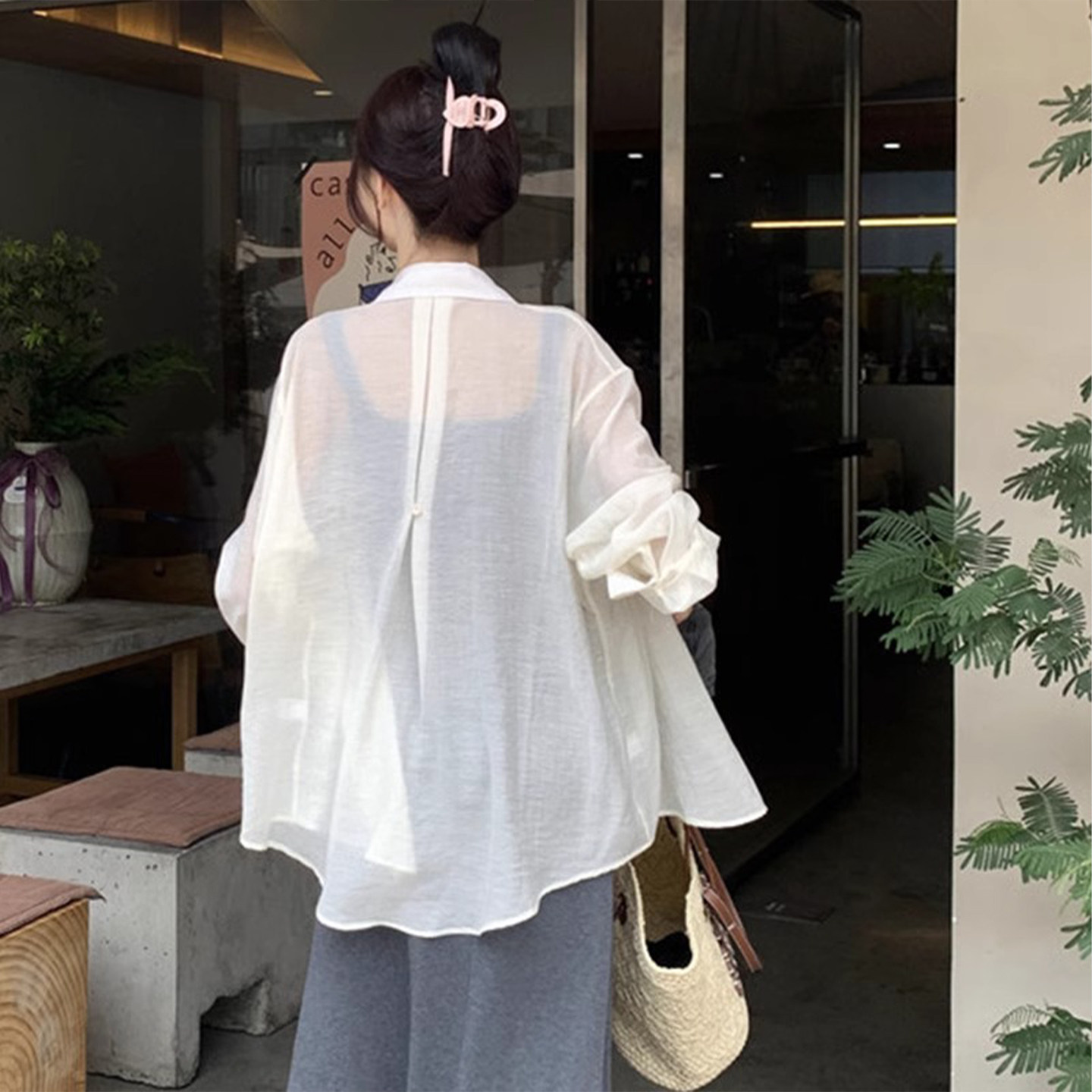白色冰丝亚麻防晒衬衫女夏季衬衣图片