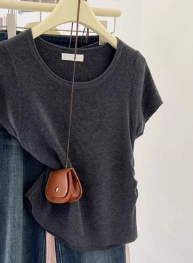 灰色圆领冰丝针织短袖t恤女夏季2026新款小个子修身收腰短款上衣