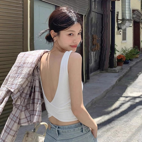 白色后背交叉带胸垫吊带背心女夏