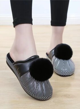 秋冬季女士防水PU皮兔毛毛球厚底高跟防滑保暖家居家毛绒棉拖鞋