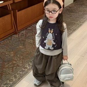 爆款童装2026秋新款女童韩版兔子背心T恤两件套上衣时髦休闲裤潮