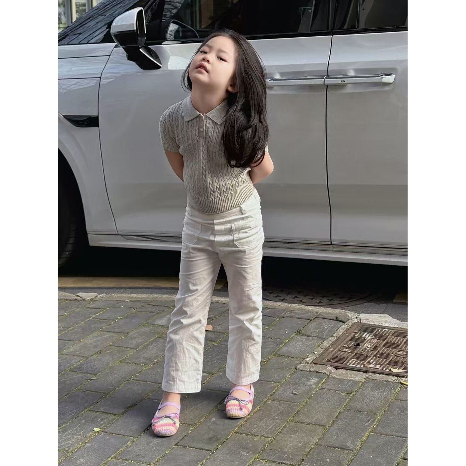 韩版女童2026夏季新款灰色刺绣Polo领短袖针织衫小女孩直筒休闲裤
