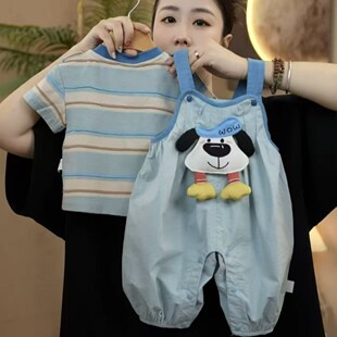 戴帽狗夏季男女宝宝短袖分体套装宝宝背带裤两件套儿童时尚套装