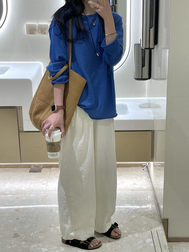 新款莱赛尔天丝亚麻卷边长袖T恤针织防晒罩衫宽松百搭休闲上衣女