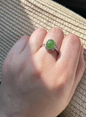 润古物语 天然高品质碧玉蛋面戒指925银鸽子蛋