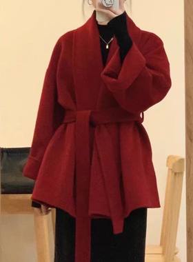 红色双面羊毛大衣女2025秋冬季高级感复古显瘦小个子斗篷外套