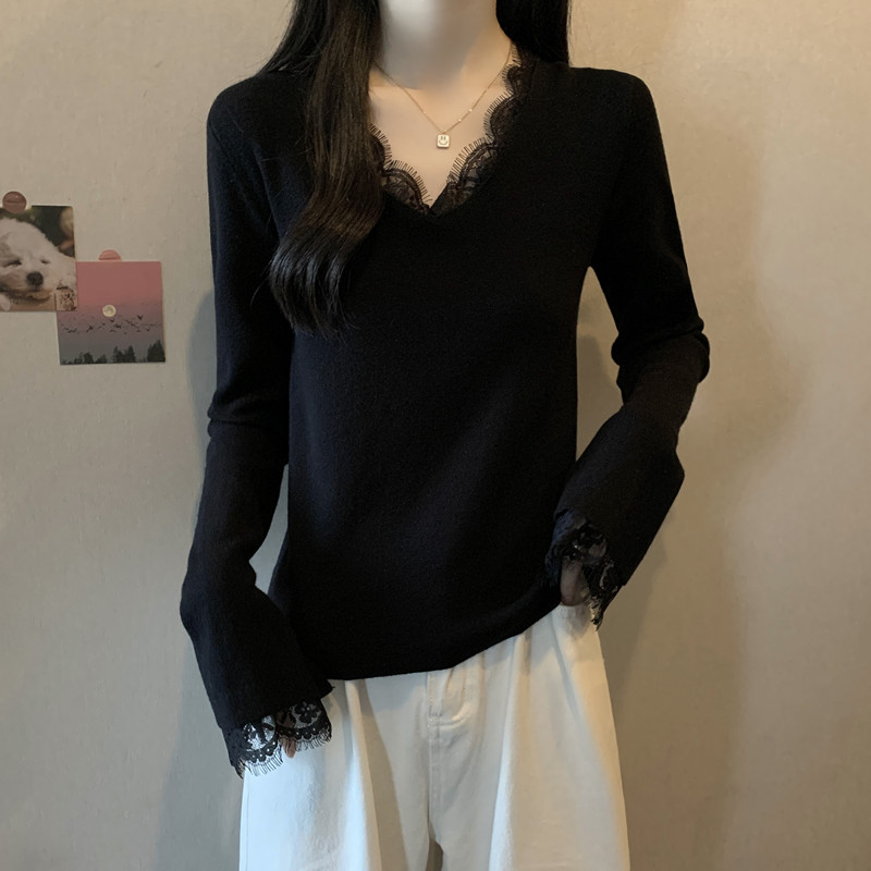 胖mm秋装大码女装蕾丝拼接设计感V领针织衫显瘦毛衣减龄上衣