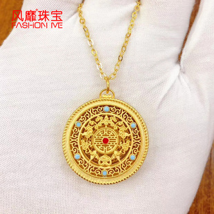 绿松镶嵌同心轮项链银镀金3D硬金纯银珐琅彩吊坠祥云五福汉服复古