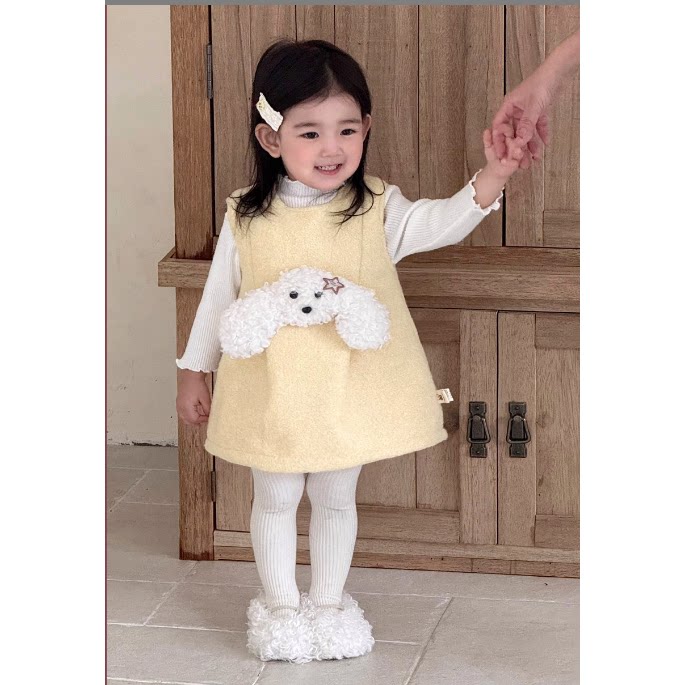 2025秋冬款夹棉毛呢玩偶连衣裙木耳边毛衣打底衫女宝洋气套装