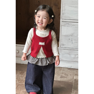 女宝宝秋季加厚针织马甲木耳边长袖打底衫屁帘裤三件套婴幼童套装