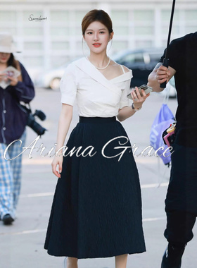Ariana Grace法式轻熟白色斜肩短袖露思许研同款黑色中长款蓬蓬裙
