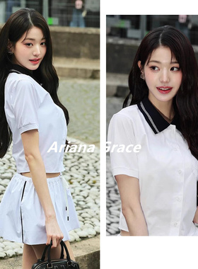 Ariana Grace张元英明星同款白色POLO领短袖夏通勤修身学院风衬衫